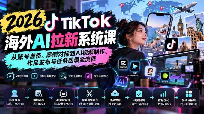 【无水印】2026 TikTok海外AI拉新系统课：从账号准备、案例对标到AI视频制作、作品发布与任务回填全流程