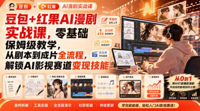 豆包+红果AI漫剧实战课,零基础保姆级教学,从剧本到成片全流程,解锁AI影视赛道变现技能