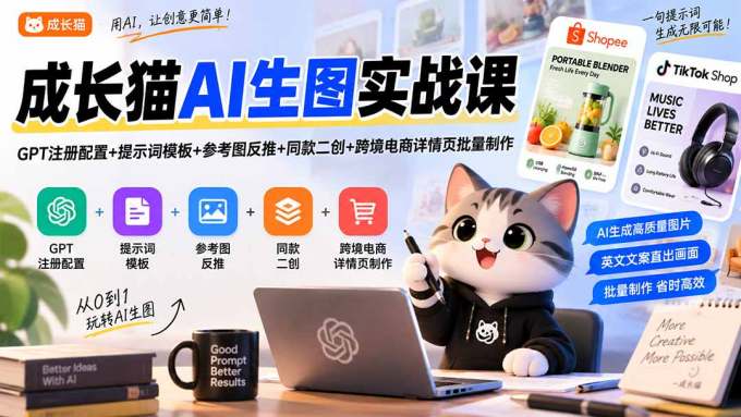 成长猫AI生图实战课|GPT注册配置+提示词模板+参考图反推+同款二创+跨境电商详情页批量制作