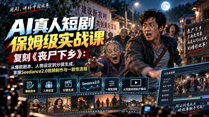 AI真人短剧保姆级实战课,复刻《丧尸下乡》:从爆款剧本、人物设定到分镜生成,掌握Seedance2.0视频制作与一致性流程