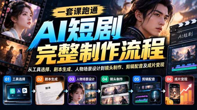 一套课跑通AI短剧完整制作流程：从工具选择、剧本生成、人物场景设计到镜头制作、剪辑配音及成片变现