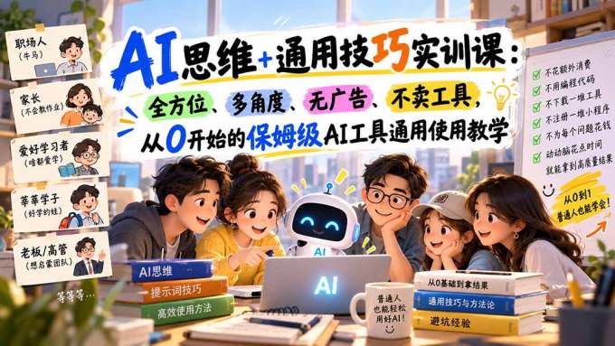 AI思维+通用技巧实训课：全方位、多角度、无广告、不卖工具，从0开始的保姆级AI工具通用使用教学