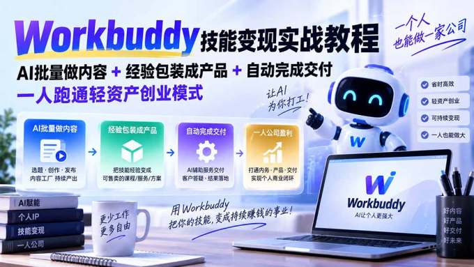 Workbuddy技能变现实战教程：AI批量做内容+经验包装成产品+自动完成交付，一人跑通轻资产创业模式