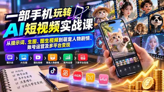 一部手机玩转AI短视频实战课：从提示词、生图、图生视频到萌宠人物剧情、账号运营及多平台变现