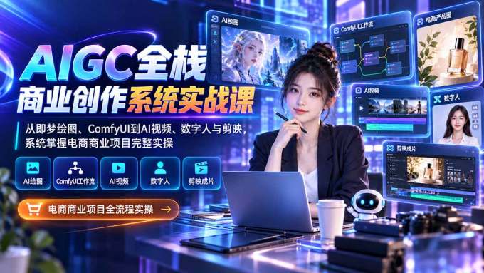AIGC全栈商业创作系统实战课：从即梦绘图、ComfyUI到AI视频、数字人与剪映，系统掌握电商商业项目完整实操