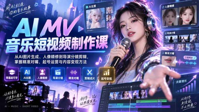 AI MV音乐短视频制作课：从AI图片生成、人像精修到导演分镜剪辑，掌握精准对嘴、起号运营与内容变现方法