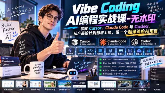 Vibe Coding AI编程实战课-无水印：掌握Cursor、Claude Code与Codex，从产品设计到部署上线，做一个超赚钱的AI项目
