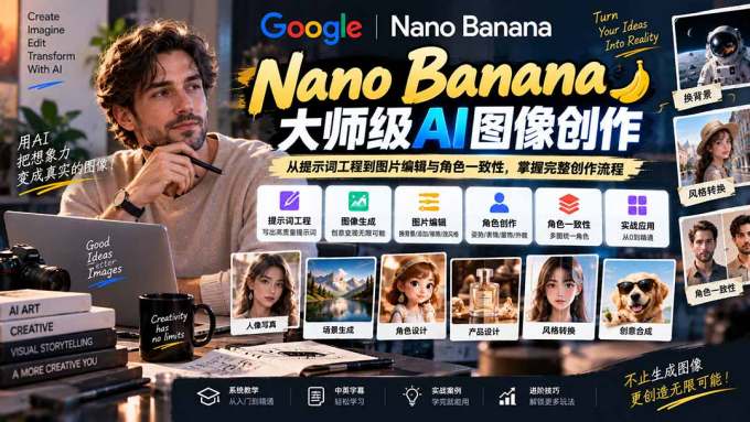 【无水印】Nano Banana大师级AI图像实战课：从提示词工程到图片编辑与角色一致性，掌握完整创作流程