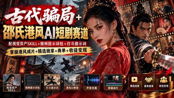 古代骗局+邵氏港风AI短剧赛道：配视觉资产SKILL+视频提示词包+打斗提示词，掌握港风成片+精选独家+商单+收徒变现