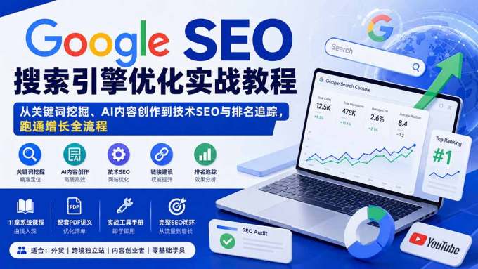 Google SEO搜索引擎优化实战教程:从关键词挖掘、AI内容创作到技术SEO与排名追踪,跑通增长全流程