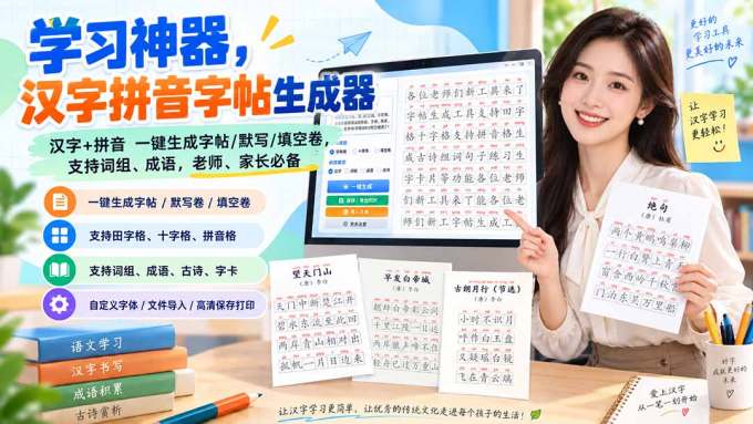 学习神器,汉字拼音字帖生成器,汉字+拼音 一键生成字帖/默写/填空卷,支持词组、成语,老师、家长必备