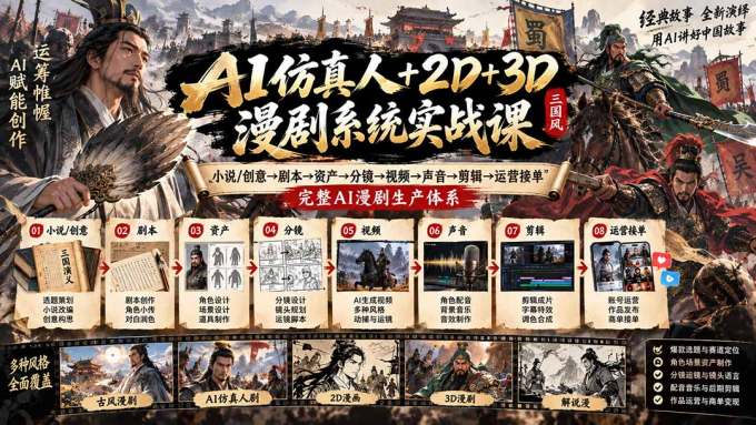 AI仿真人+2D+3D漫剧系统实战课：小说/创意→剧本→资产→分镜→视频→声音→剪辑→运营接单，完整AI漫剧生产体系