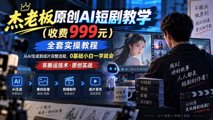 杰老板原创AI短剧教学(收费999元),全套实操教程,0基础小白一学就会,非搬运技术