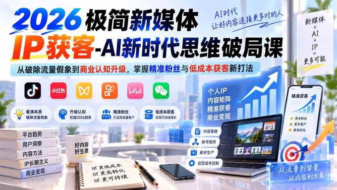 2026极简新媒体IP获客-AI新时代思维破局课:从破除流量假象到商业认知升级,掌握精准粉丝与低成本获客新打法