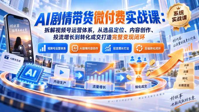 AI剧情带货微付费实战课：拆解视频号运营体系，从选品定位、内容创作、投流增长到转化成交打造完整变现闭环