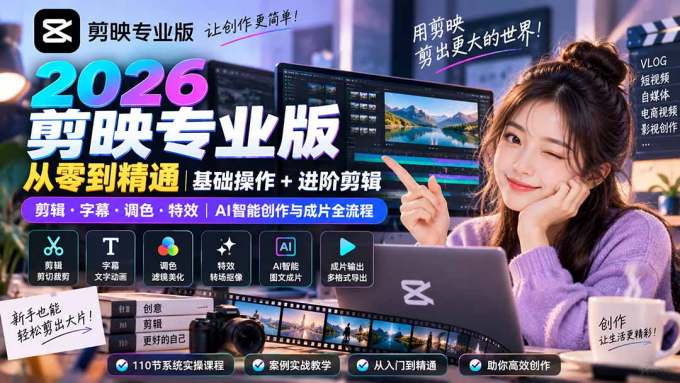 2026剪映专业版从零到精通|基础操作+进阶剪辑|剪辑·字幕·调色·特效|AI智能创作与成片全流程
