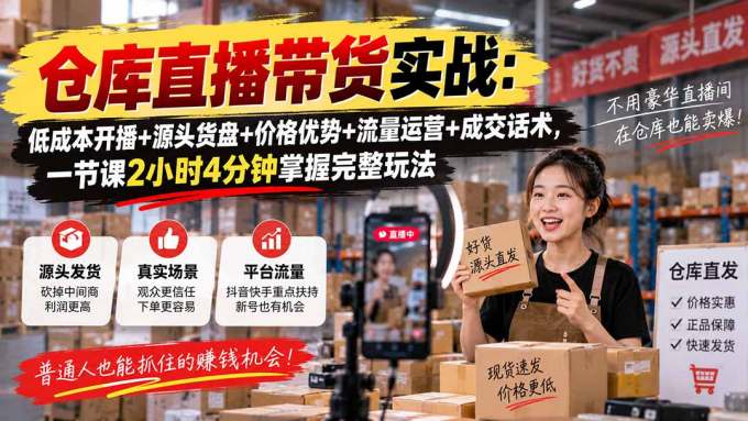 仓库直播带货实战：低成本开播+源头货盘+价格优势+流量运营+成交话术，一节课2小时4分钟掌握完整玩法