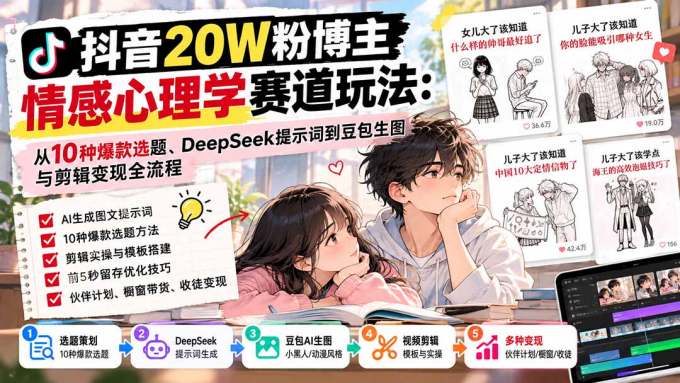 抖音20W粉博主-情感心理学赛道玩法：从10种爆款选题、DeepSeek提示词到豆包生图与剪辑变现全流程
