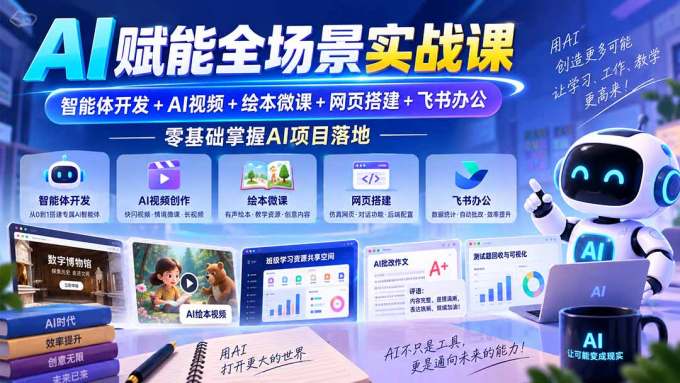 AI赋能全场景实战课｜智能体开发+AI视频+绘本微课+网页搭建+飞书办公，零基础掌握AI项目落地