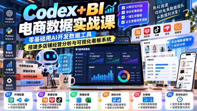 Codex+BI电商数据实战课:零基础用AI开发数据工具,搭建多店铺经营分析与可视化看板系统