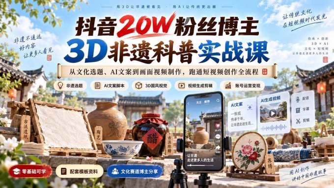 抖音20W粉丝博主3D非遗科普实战课:从文化选题、AI文案到画面视频制作,跑通短视频创作全流程
