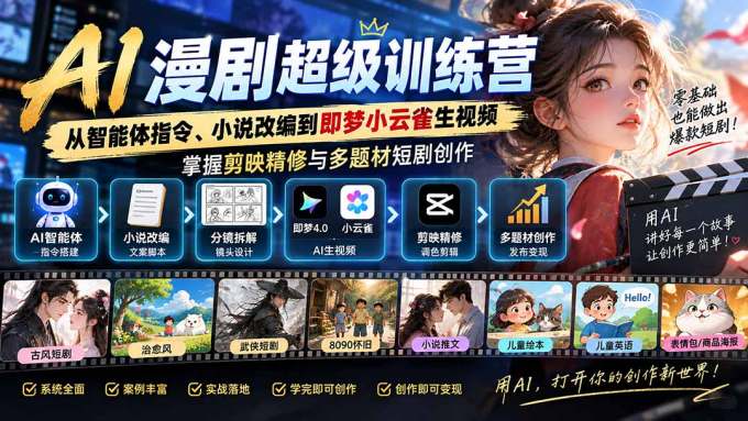 AI漫剧超级特训营：从智能体指令、小说改编到即梦小云雀生视频，掌握剪映精修与多题材短剧创作