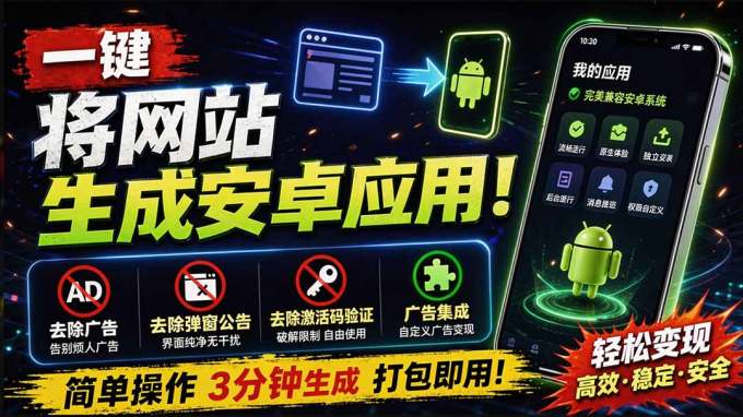 目前最好用,一键将网站生成安卓应用!支持去除广告、弹窗公告、激活码验证、广告集成等 web-to-app