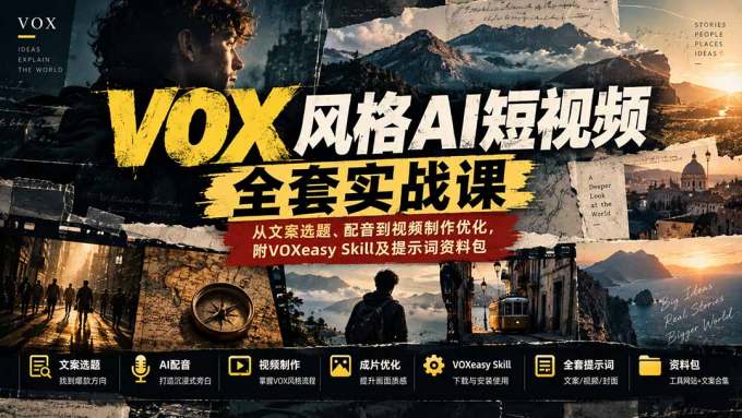 【无水印】VOX风格AI短视频全套实战课:从文案选题、配音到视频制作优化,附VOXeasy Skill及提示词资料包