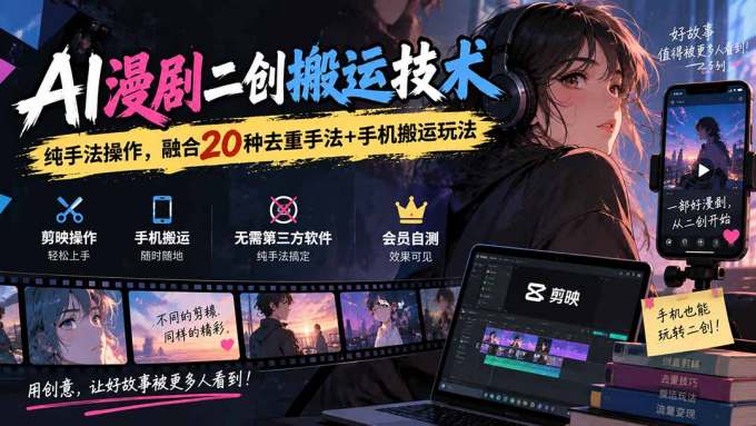 AI漫剧二创搬运技术，纯手法操作，融合20种去重手法++手机搬运玩法