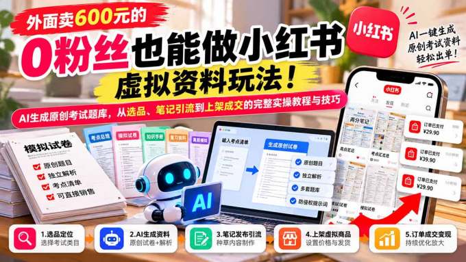 外面卖600元的 零粉丝也能做小红书虚拟资料玩法！AI生成原创考试题库，从选品、笔记引流到上架成交的完整实操教程