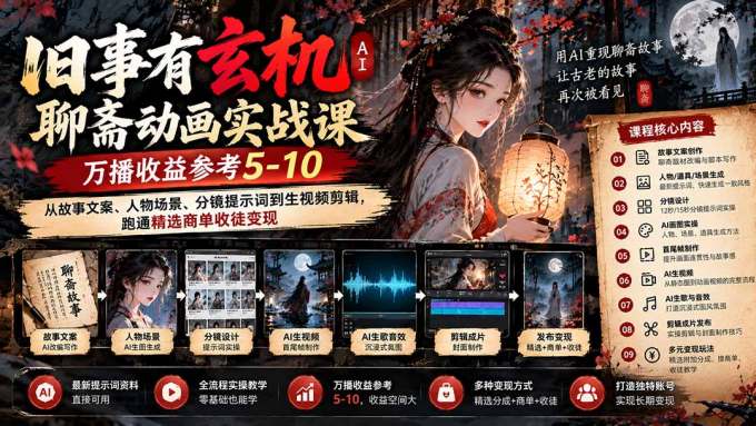 旧事有玄机AI聊斋动画实战9月新课：万播收益参考5-10，从故事文案、人物场景到分镜生视频，跑通精选商单收徒