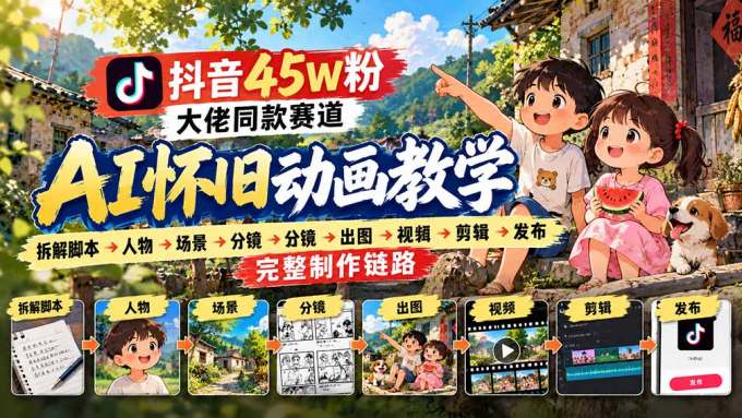 抖音45W粉大佬同款赛道AI怀旧动画教学：拆解脚本→人物→场景→分镜→出图→视频→剪辑→发布完整制作链路