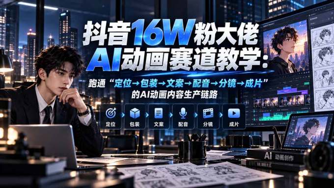 抖音16W粉大佬规则门禁AI动画赛道教学：跑通“定位→包装→文案→配音→分镜→成片”的AI动画内容生产链路
