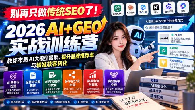 别再只做传统SEO了！《2026AI+GEO实战训练营》教你布局AI大模型搜索、提升品牌推荐率与精准获客转化
