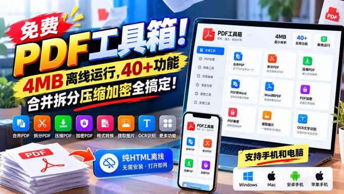 免费PDF工具箱！4MB离线运行，40+功能，合并拆分压缩加密全搞定！