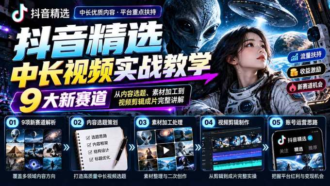 抖音精选中长视频实战教学：拆解9项细分赛道，从内容选题、素材加工到视频剪辑成片完整讲解
