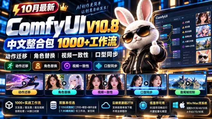 10月最新ComfyUI V10.8中文整合包 1000+工作流 动作迁移 角色替换 视频一致性 口型同步 低显存可用