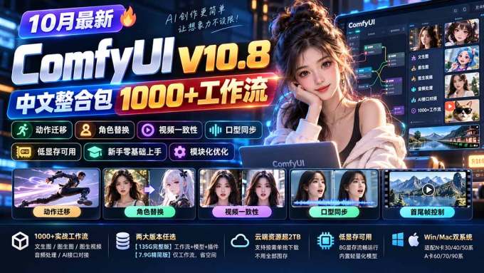 10月最新ComfyUI V10.8中文整合包 1000+工作流 动作迁移 角色替换 视频一致性 口型同步 低显存可用