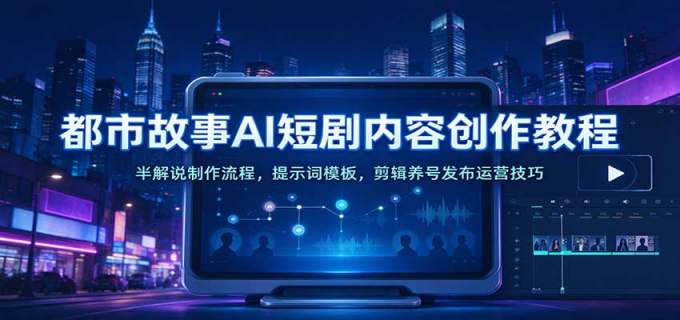 都市故事AI短剧内容创作教程：半解说制作流程，提示词模板，剪辑养号发布运营技巧
