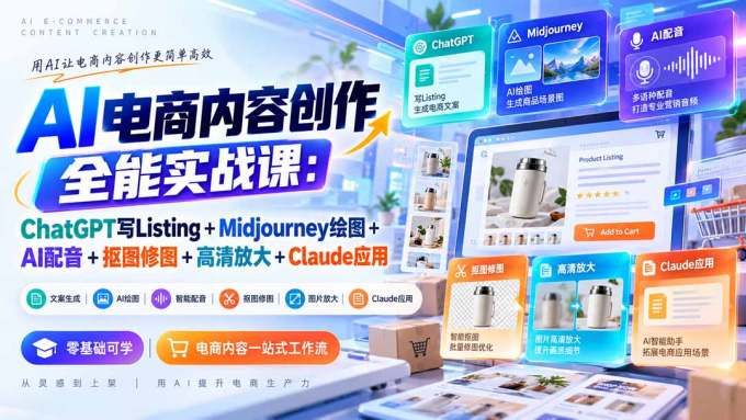 【无水印】AI电商内容创作全能实战课：ChatGPT写Listing+Midjourney绘图+AI配音+抠图修图+高清放大+Claude应用