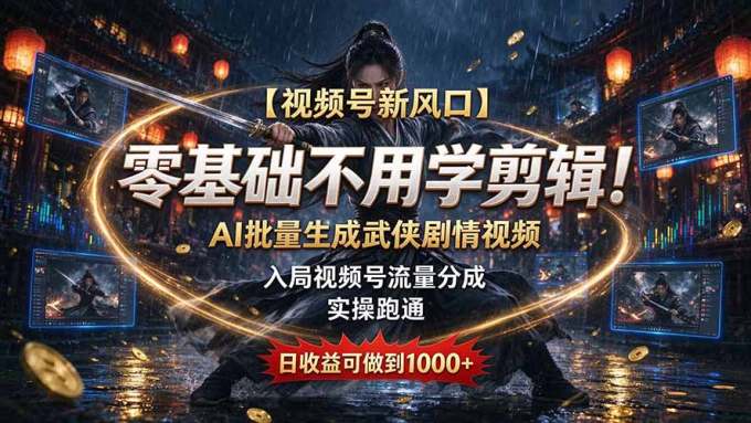 【视频号新风口】零基础不用学剪辑！AI 批量生成武侠剧情视频，入局视频号流量分成，实操跑通，日收益可做到 1000+