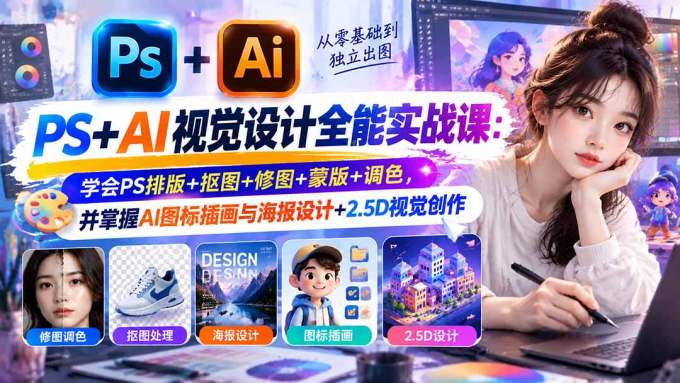 【无水印】PS+AI视觉设计全能实战课：学会PS排版+抠图+修图+蒙版+调色，并掌握AI图标插画与海报设计+2.5D视觉创作