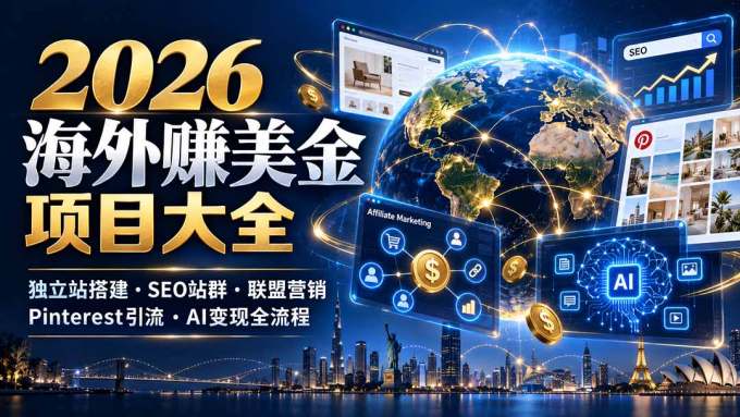 2026海外赚美金项目大全:独立站搭建、SEO站群、联盟营销、Pinterest引流与AI变现全流程